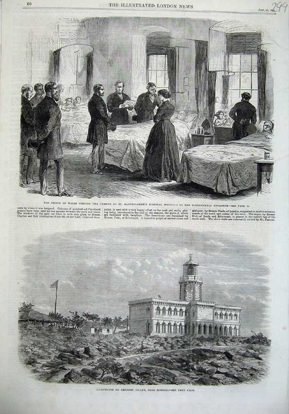 Old Antique Print Lighthouse Kennery Bombay 1868 Bartholomew'S Hospital 19th