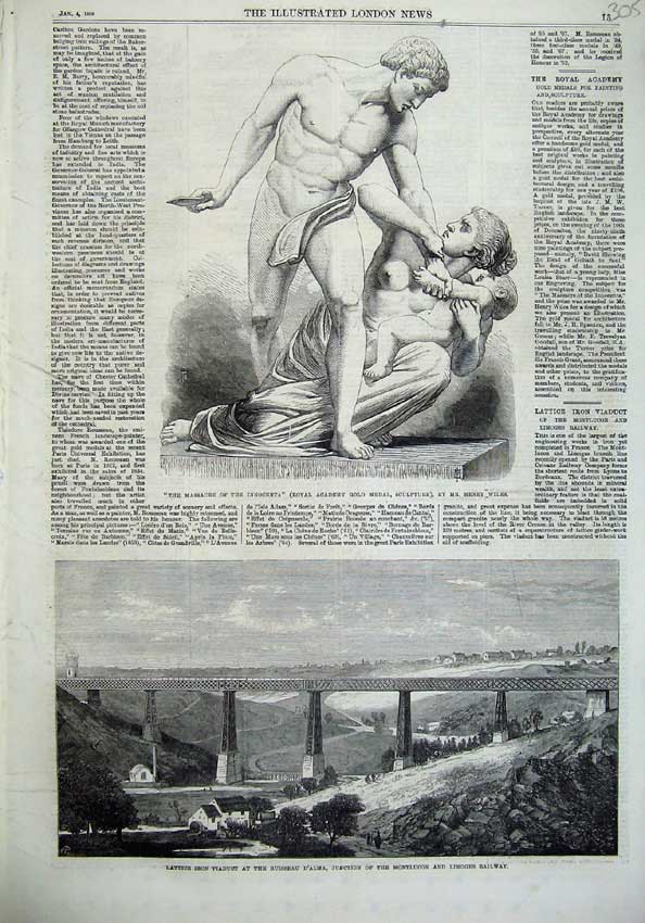 Old Antique Print Lattice Viaduct Montlucon Limoges Railway 1868 Statue 19th