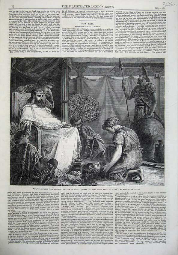 Original Old Antique Print 1868 David Showing Head Goliath Saul Fine Art Starr