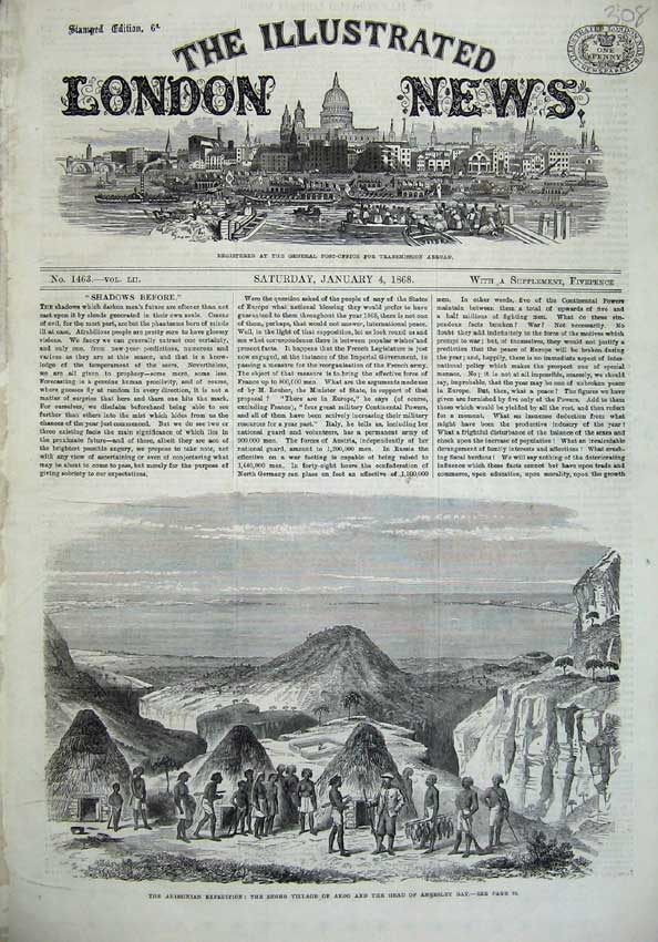 Original Old Antique Print 1868 Abyssinian Shoho Village Akoo Annesley Bay War