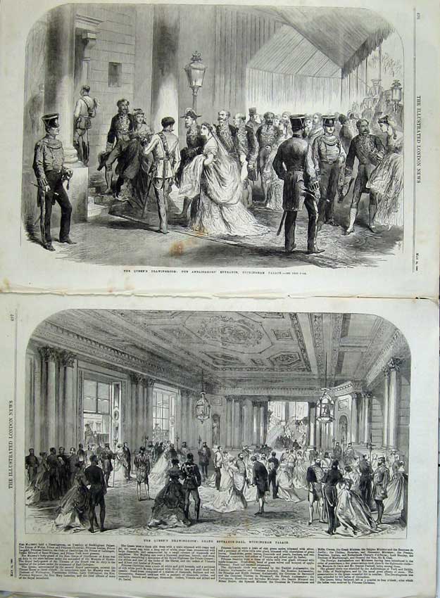 Old Antique Print 1868 Buckingham Palace Queen Drawing-Room London Art 19th