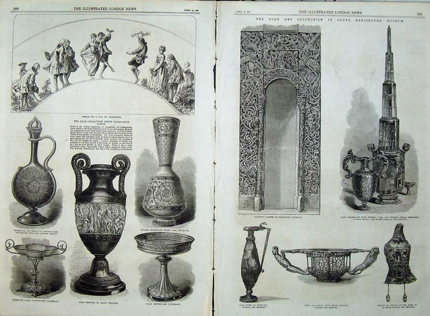 Old Antique Print 1868 Art Kensington Museum Vase Ewer Brooch Bowl Door 19th