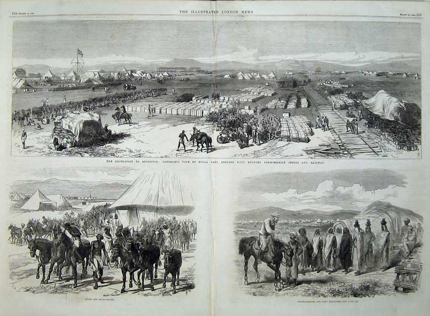 Old Antique Print 1868 Abyssinia War Zulu Camp Railway Mules Followers 19th