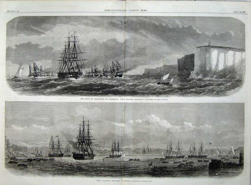 Antique Old Print 1868 Duke Edinburgh Australia Galatea Ship Sydney Heads 19th