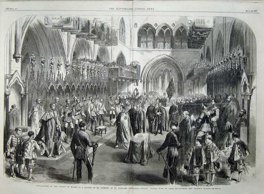 Old Antique Print 1868 Prince Wales Knight St Patrick Cathedral Ireland 19th