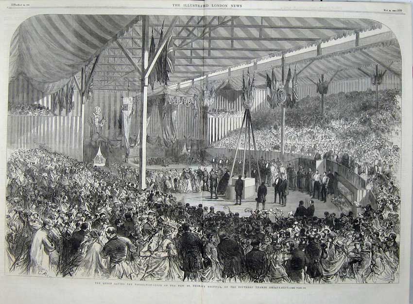 Old Antique Print Queen Thomas'S Hospital Thames Embankment Stone 1868 19th