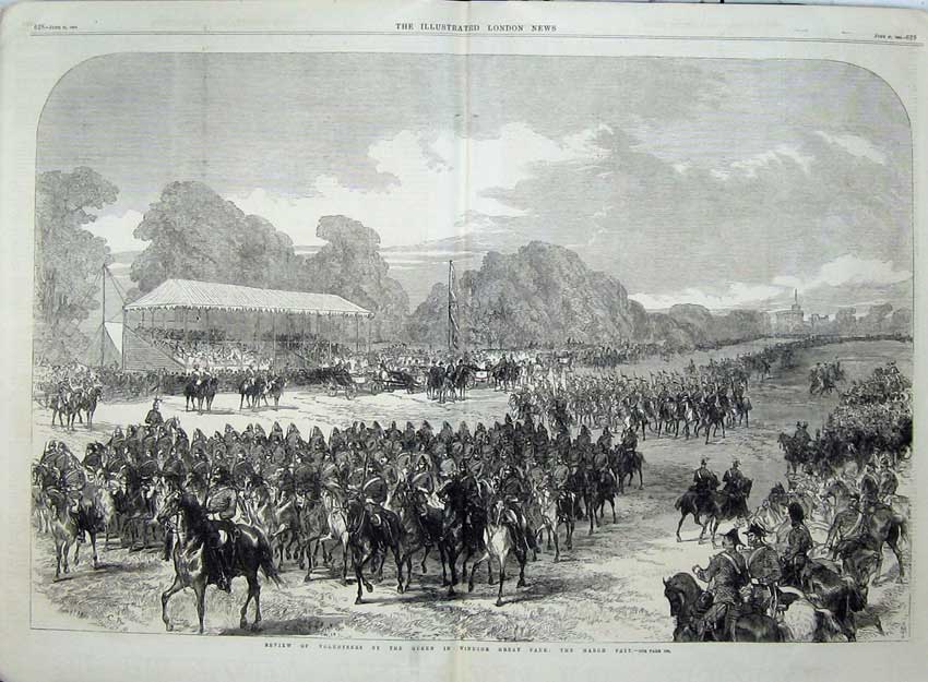 Old Antique Print 1868 Ta Army Review Queen Windsor Castle Park Horses 19th