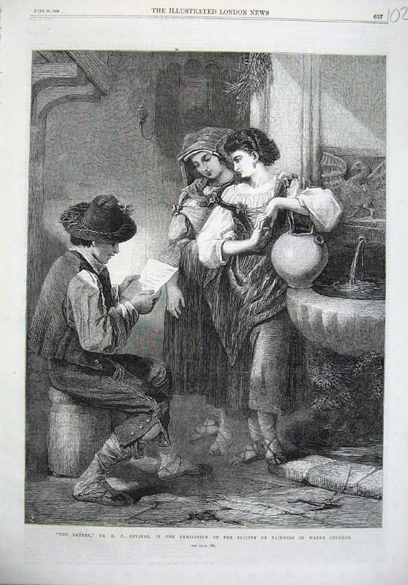 Old Antique Print 1869 Letter Sitting Man Women Romance Riviere Fine Art 19th