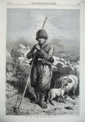 Old Antique Print 1869 Crimea Tartar Shepherd Young Boy Sheep Hills Art 19th