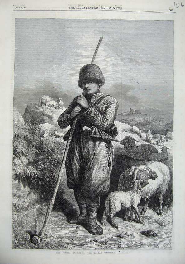 Old Antique Print 1869 Crimea Tartar Shepherd Young Boy Sheep Hills Art 19th
