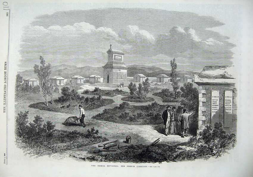 Old Antique Print 1869 Crimea War French Cemetery Graves Tools Fine Art 19th