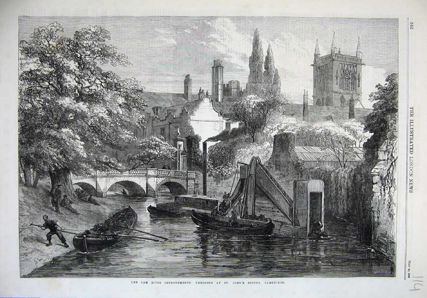 Original Old Antique Print 1869 Cam River Dredging Johns Bridge Cambridge Boats
