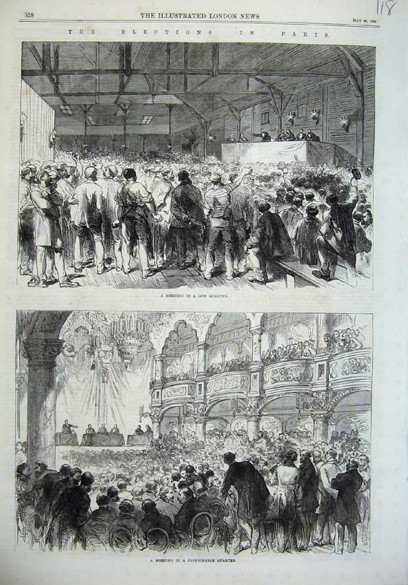 Original Old Antique Print Elections Paris 1869 France Meeting Poor Rich People