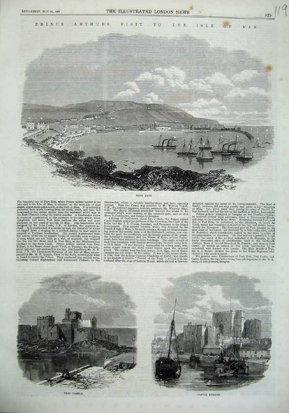 Old Antique Print Isle Man 1869 Port Erin Ships Peel Castle Rushen Arthur 19th