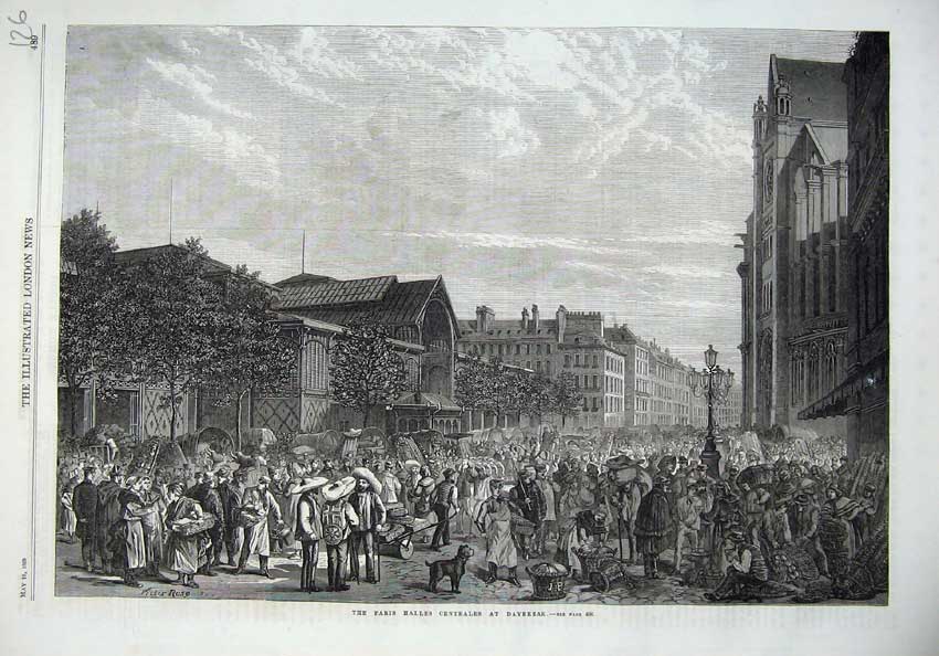 Old Antique Print 1869 Fine Art Paris Halles Centrales Street Scene House 19th
