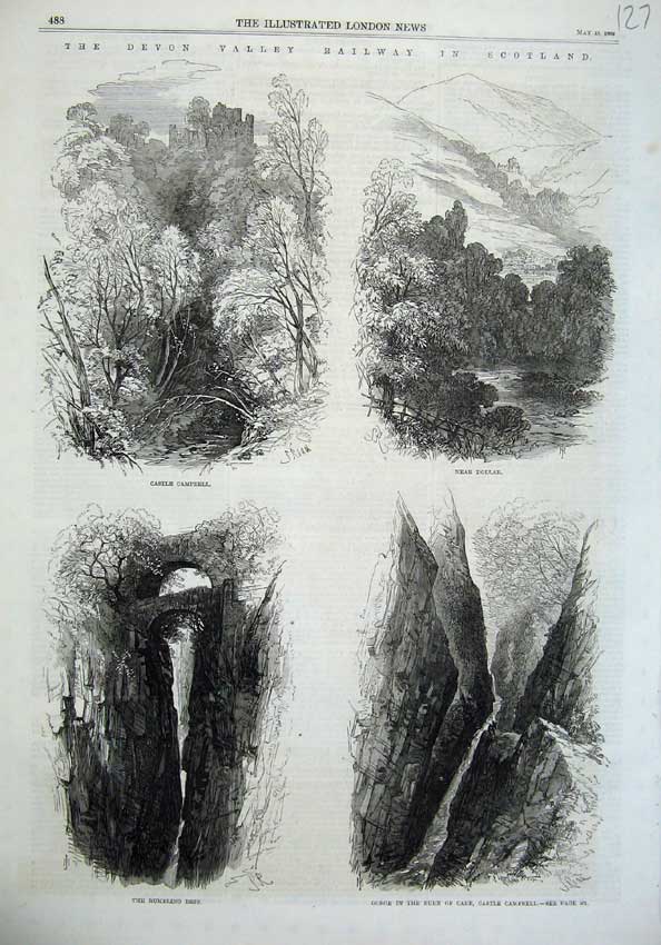 Old Antique Print Devon Railway Scotland 1869 Castle Campbell Burn Care 19th