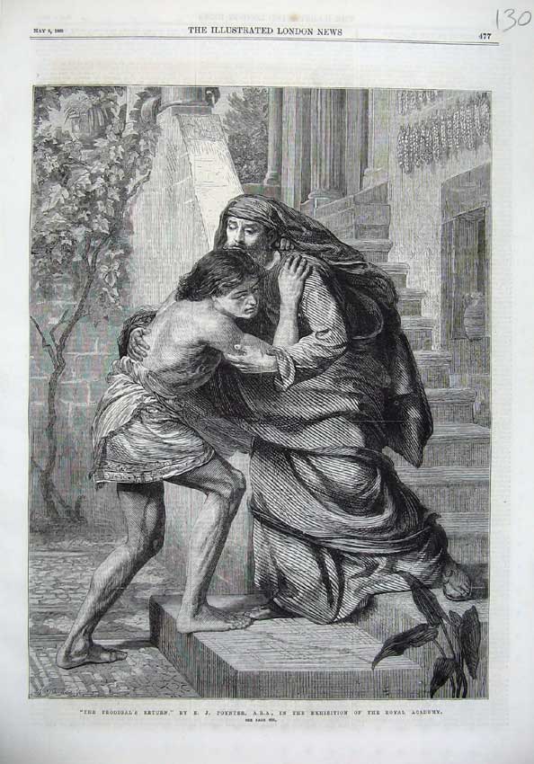 Old Antique Print 1869 Prodigal'S Return Man Boy House Step Poynter Art 19th