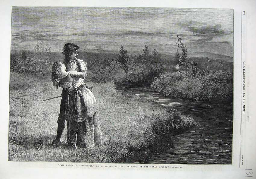 Original Old Antique Print Fine Art 1869 Fair Helen Kirkconnel Man Woman River