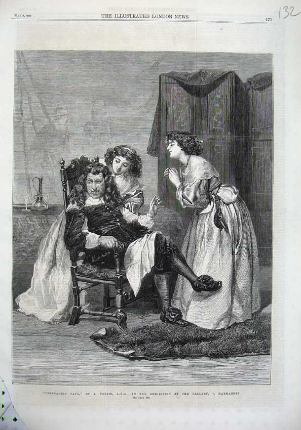 Original Old Antique Print 1869 Father Sitting Chair Daughters Girls Pettie Art