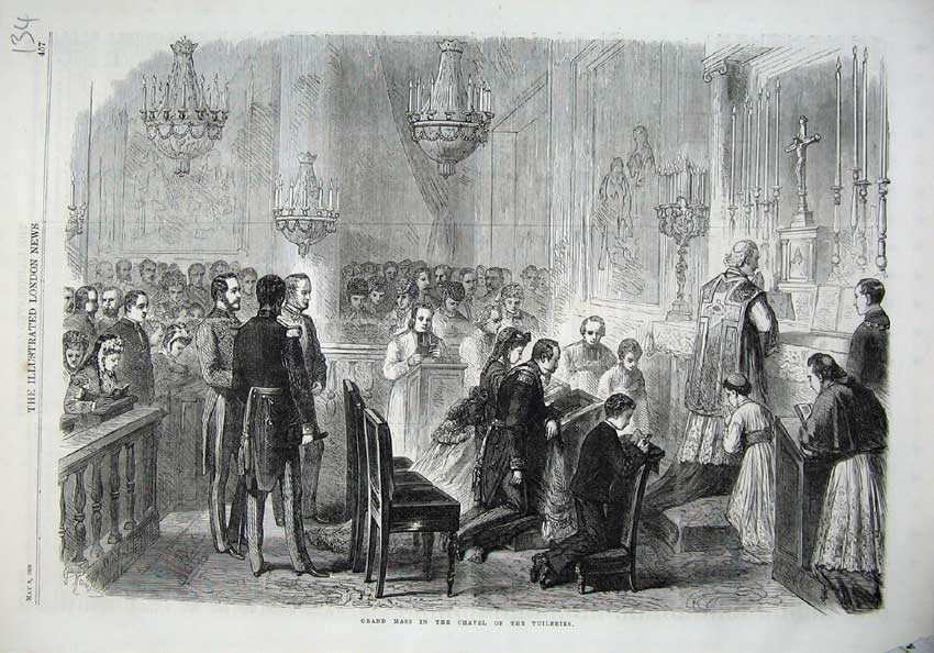 Original Old Antique Print 1869 Grand Mass Chapel Tuileries Church Praying 19th