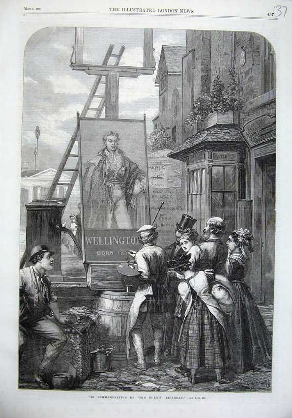 Original Old Antique Print Commemoration Duke Wellington Birthday 1869 Artist