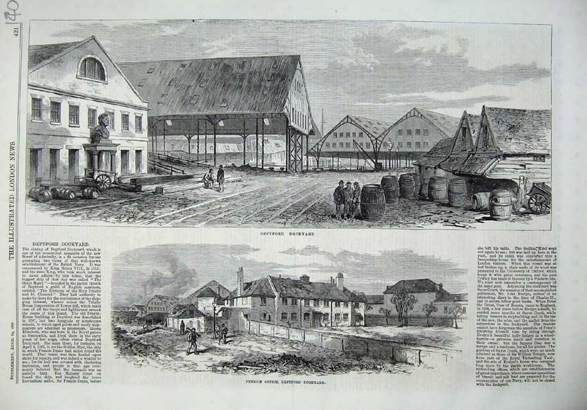 Original Old Antique Print View Pension Office Deptford Dockyard Buildings 1869