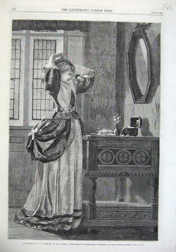 Original Old Antique Print 1869 Beautiful Woman Mirror Hair Luxmore Dudley Art