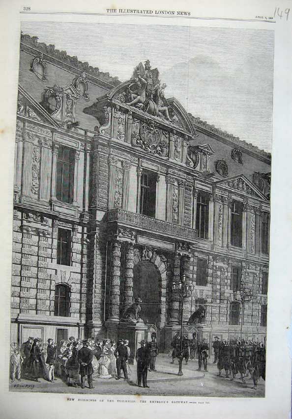 Old Antique Print Fine Art 1869 New Buildings Tuileries Emperor'S Gateway 19th