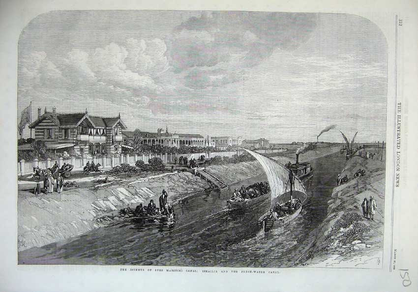 Old Antique Print 1869 Isthmus Suez Maritime Canal Ismailia Boats Houses 19th