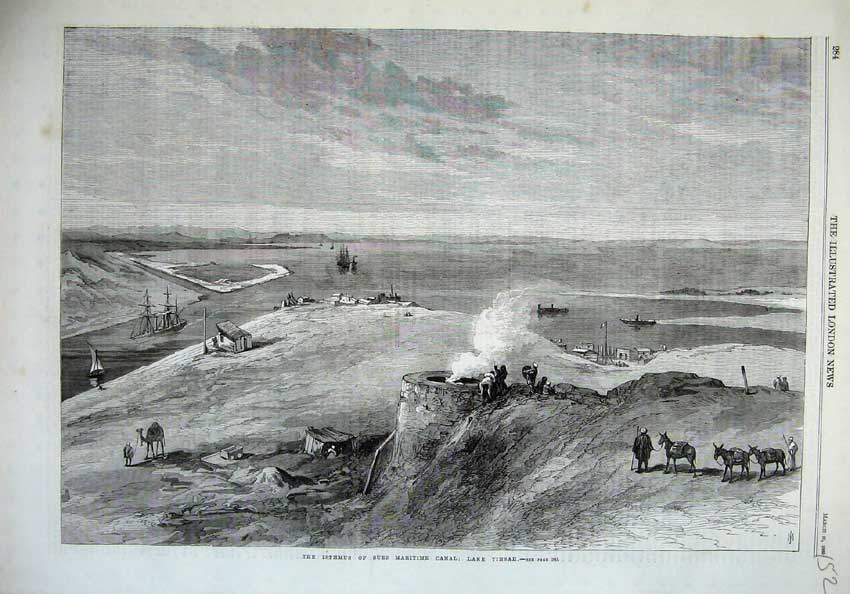 Old Antique Print 1869 Isthmus Suez Maritime Canal Lake Timsah Ship Camel 19th