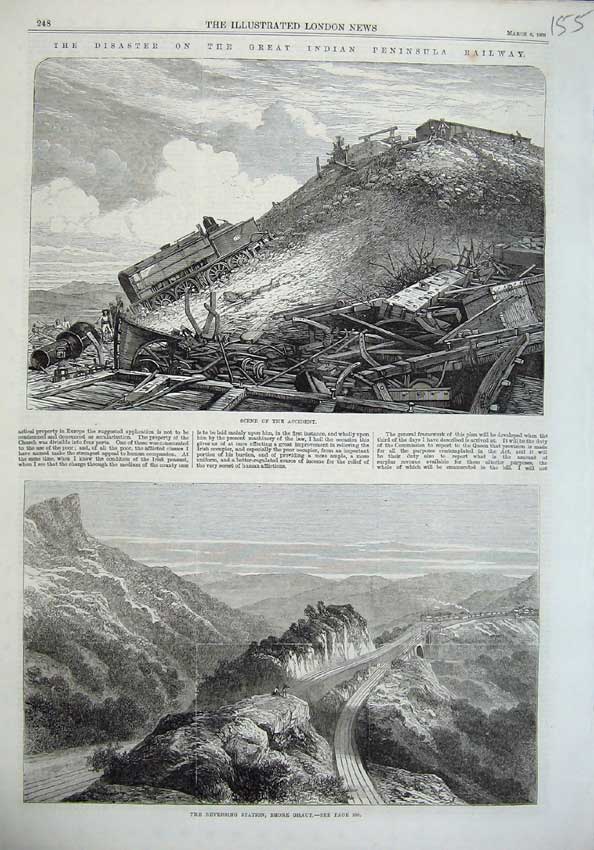 Old Antique Print 1869 India Peninsula Railway Accident Bhore Ghaut Train 19th