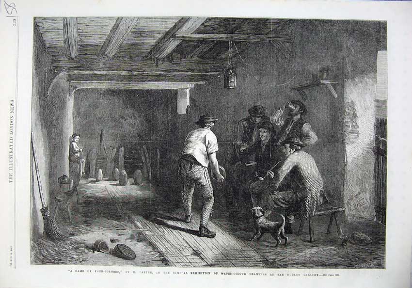 Original Old Antique Print Fine Art 1869 Men Bowling Ball Dog Carter Dudley