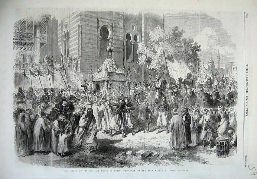 Original Old Antique Print 1869 Prince Wales Egypt Procession Holy Carpet Cairo