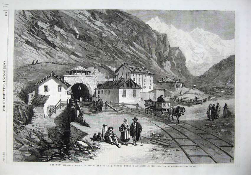 Old Antique Print 1869 Railway Tunnel Mont Cenis Bardonneche Route India 19th