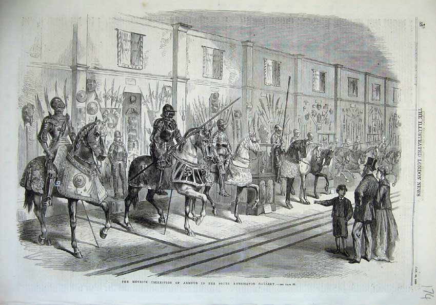 Original Old Antique Print 1869 Meyrick Armour Kensington Gallery Horse 19th