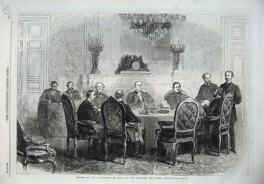 Original Old Antique Print 1869 Sitting Conference Paris Turkish Greek Question