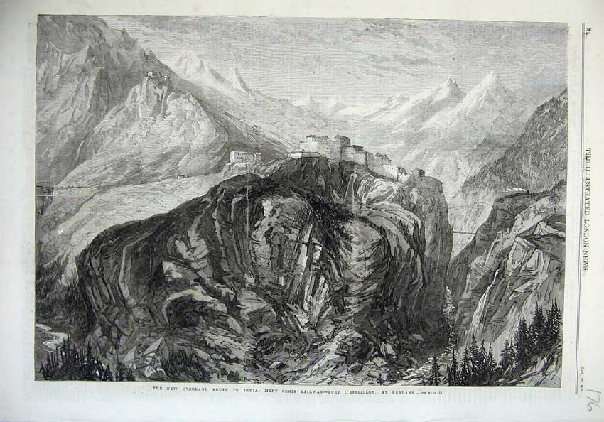 Original Old Antique Print 1869 Mont Cenis Railway Fort L'Esseillon Brabans Art