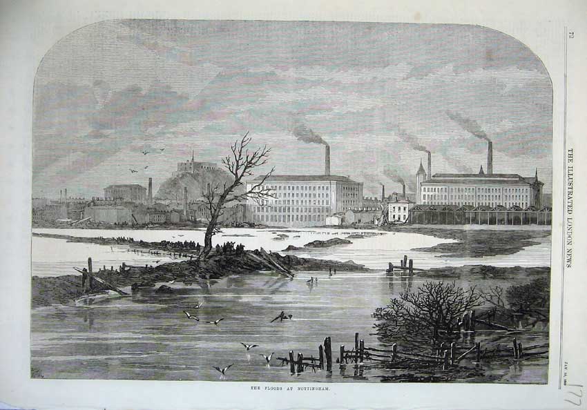 Original Old Antique Print 1869 View Floods Nottingham River Buildings Fine Art