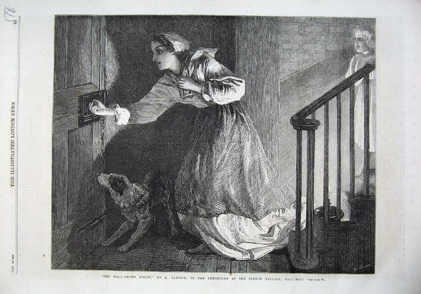 Original Old Antique Print 1869 Fine Art Woman Stairs Door Dog Knocking House