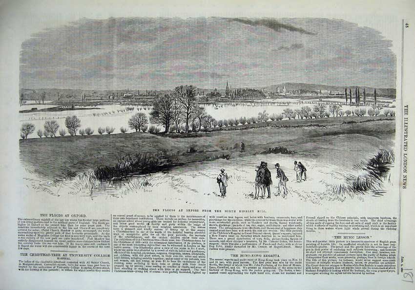 Original Old Antique Print 1869 Floods Oxford North Hinkley Hill Town Trees