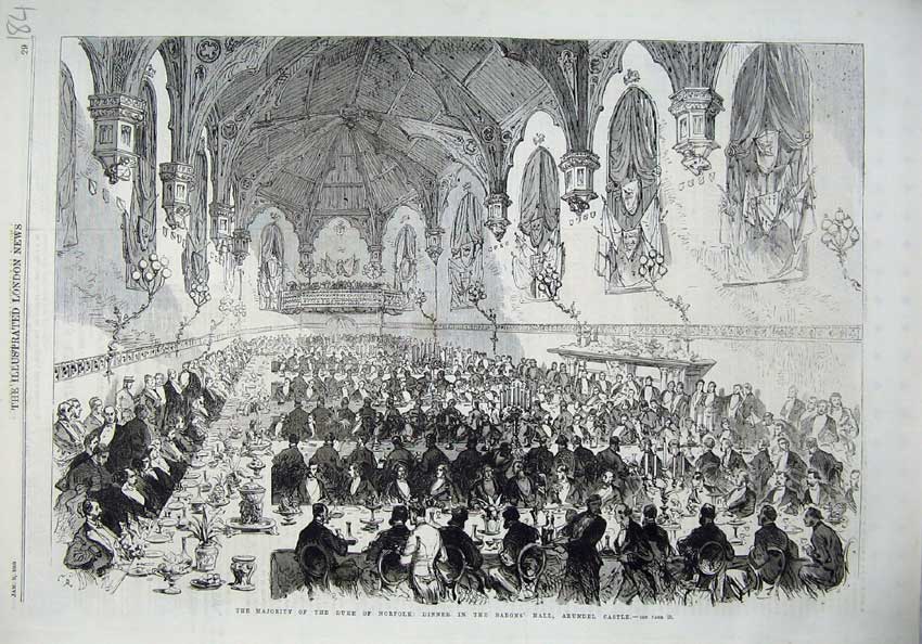 Original Old Antique Print 1869 Duke Norfolk Dinner Baron'S Hall Arundel Castle