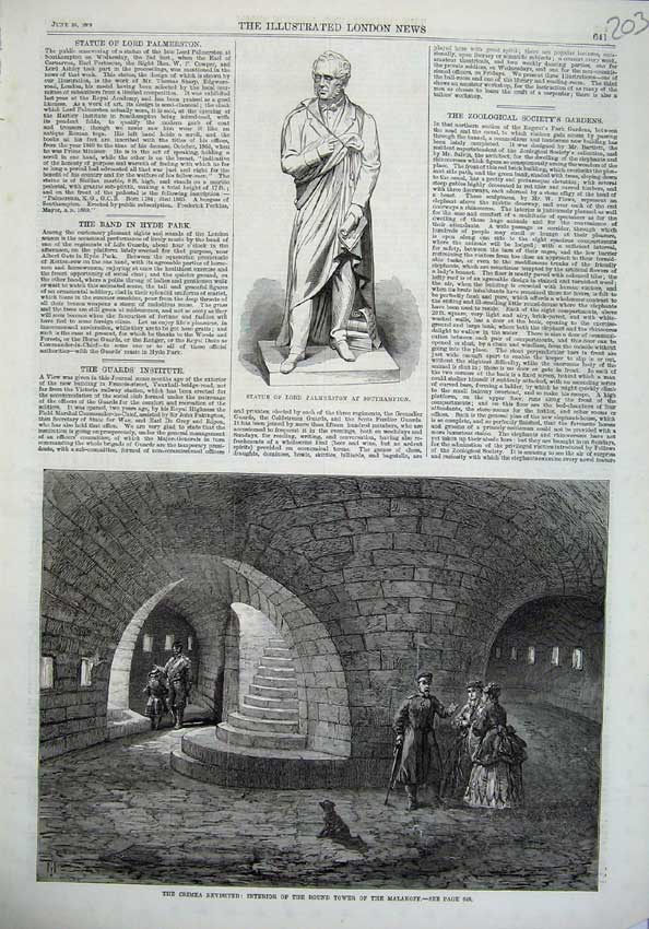 Old Antique Print Statue Lord Palmerston 1869 Crimea War Tower Malakoff 19th