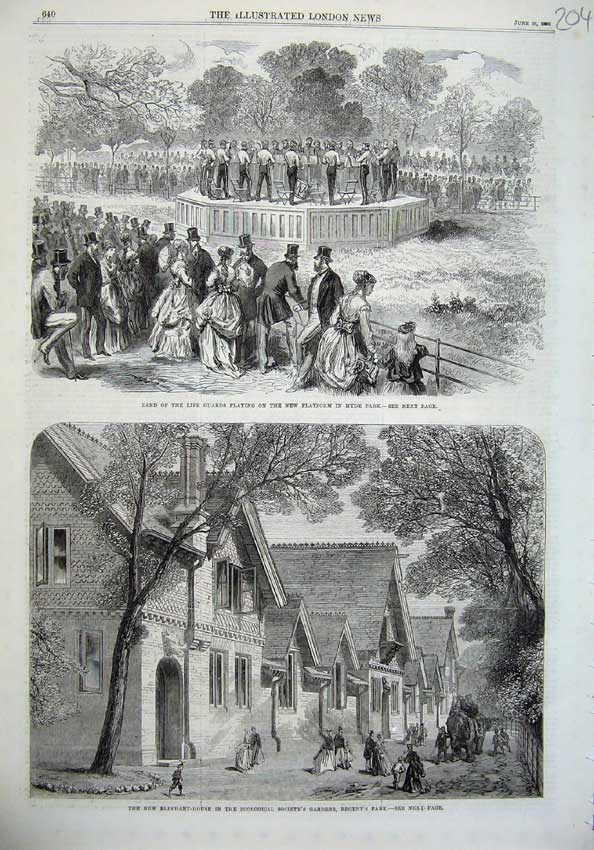 Old Antique Print Band Life Guards Hyde Park 1869 Elephant Zoological Art 19th