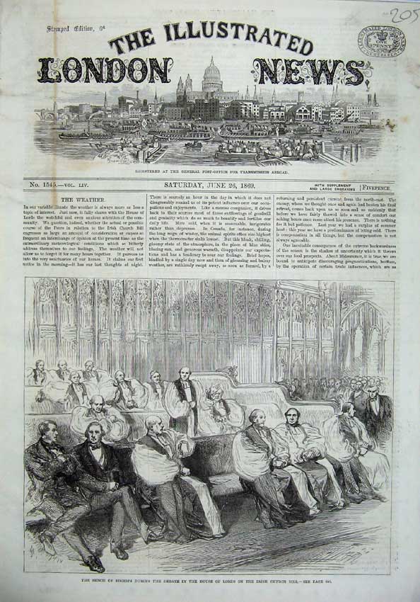 Old Antique Print 1869 Bench Bishops House Lords Irish Church Bill Debate 19th