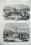 Original Old Antique Print Crimea War 1869 Monument Salient Redan Burial Ground