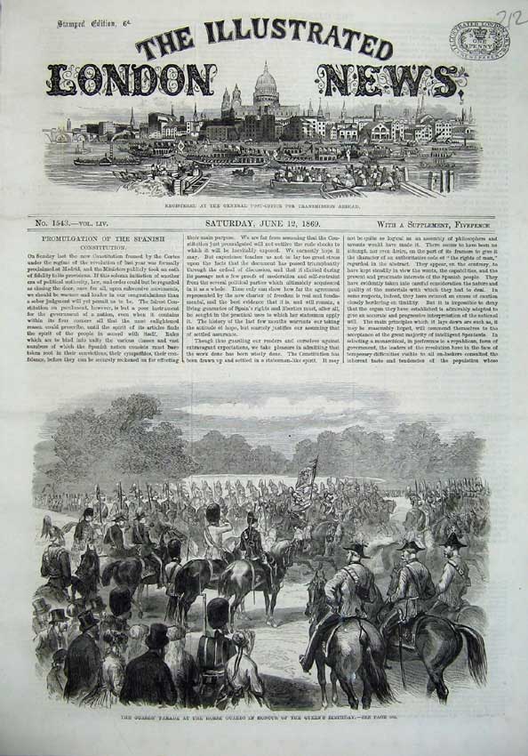 Original Old Antique Print 1869 Guards Parade Horse Queens Birthday War Army