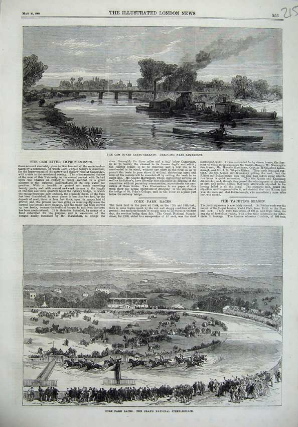 Original Old Antique Print Cam River Dredging 1869 Grand National Steeplechase