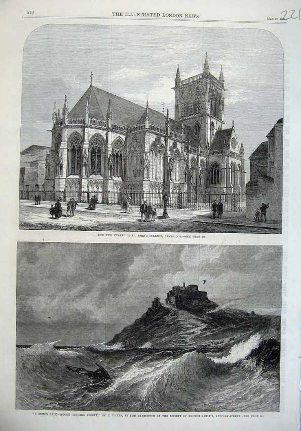 Old Antique Print 1869 Chapel John'S College Cambridge Orgueil Jersey Art 19th
