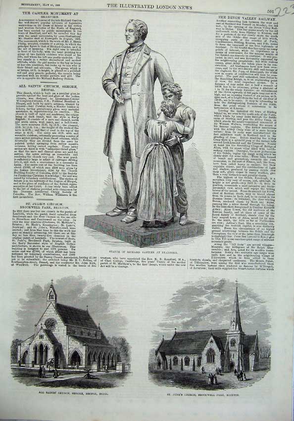 Old Antique Print Statue Richard Oastler 1869 Church India Jude'S Brixton 19th