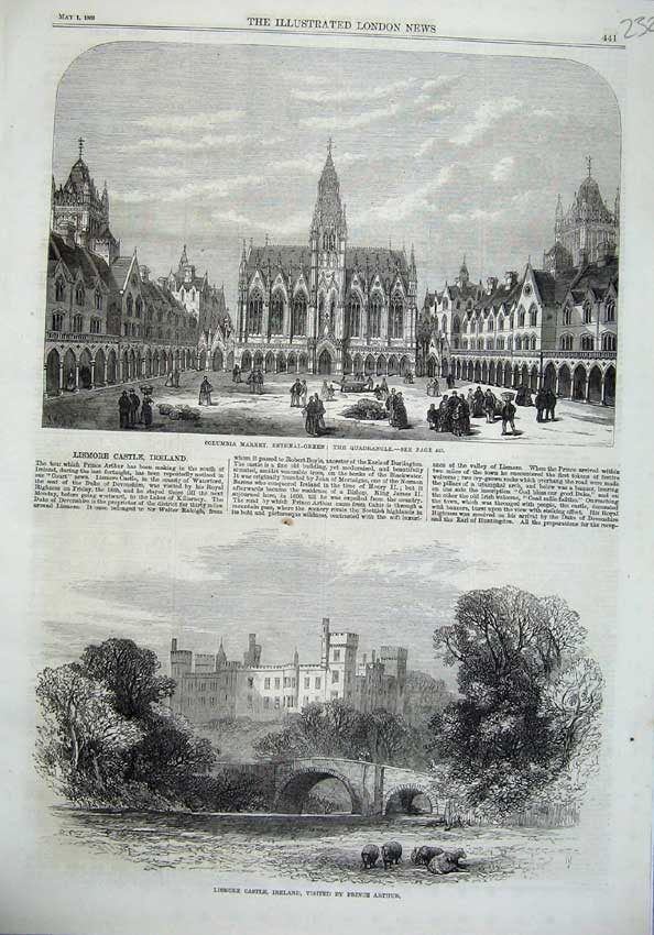 Original Old Antique Print Columbia Market Bethnal-Green Lismore Castle Ireland
